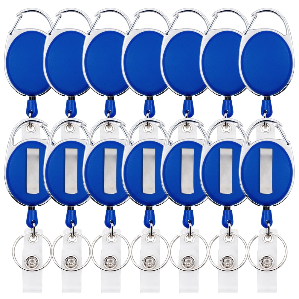 GOGO 14 Pack Retractable ID Badge Holders, Carabiner Badge Reel with Belt Clip & Key Ring-Blue