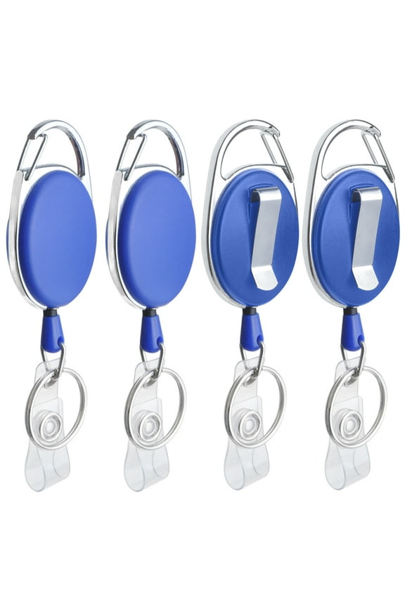 4 Packs Retractable Keychain Badge Holder with Carabiner Reel Belt Clip and Key Ring, Blue