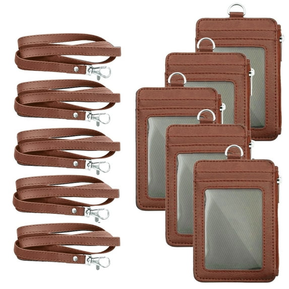 GOGO 5 Packs PU Leather Credit Card ID Badge Holder with Side Zipper Pocket and Detachable Neck Lanyard