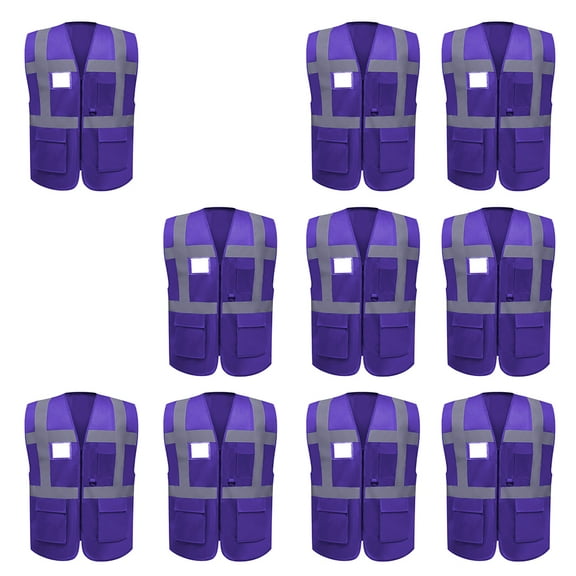 GOGO 5 Pockets High Visibility Safety Vest with Reflective Strips, 10 Pack Working Uniform Vest-Purple-XL