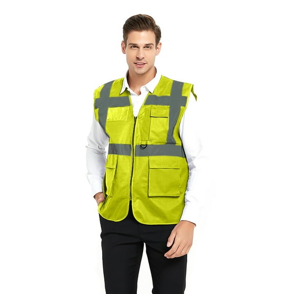 GOGO 5 Pockets High Visibility Safety Vest with Reflective Strips, Working Uniform Vest-NEON LIME-L