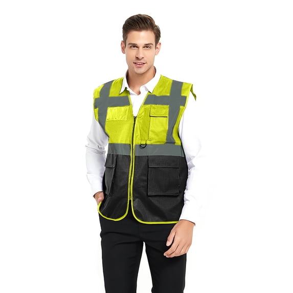 GOGO 5 Pockets High Visibility Safety Vest with Reflective Strips, Working Uniform Vest-Neon Lime Black-2XL