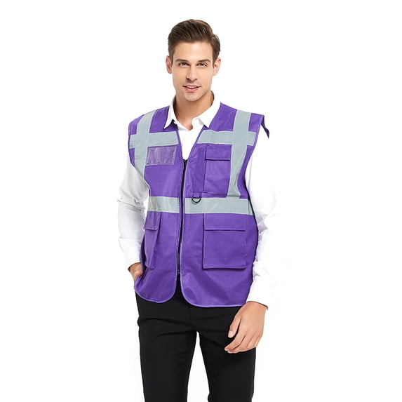 GOGO 5 Pockets High Visibility Safety Vest with Reflective Strips, Working Uniform Vest-Purple-3XL