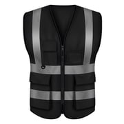 GOGO 5 Pockets High Visibility Zipper Front Breathable Safety Vest with Reflective Strips, Uniform Vest-Black-M