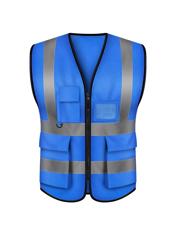 5 Pockets High Visibility Zipper Front Breathable Safety Vest with Reflective Strips, Uniform Vest-Blue-L