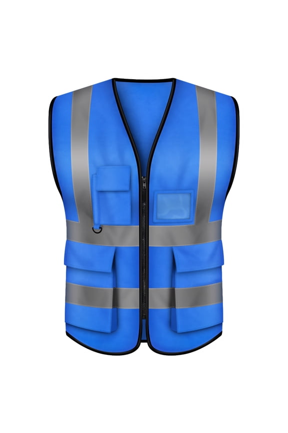 5 Pockets High Visibility Zipper Front Breathable Safety Vest with Reflective Strips, Uniform Vest-Blue-L
