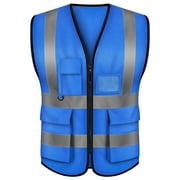 GOGO 5 Pockets High Visibility Zipper Front Breathable Safety Vest with Reflective Strips, Uniform Vest-Blue-L