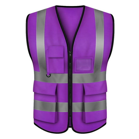 GOGO 5 Pockets High Visibility Zipper Front Breathable Safety Vest with Reflective Strips, Uniform Vest-Purple-XL