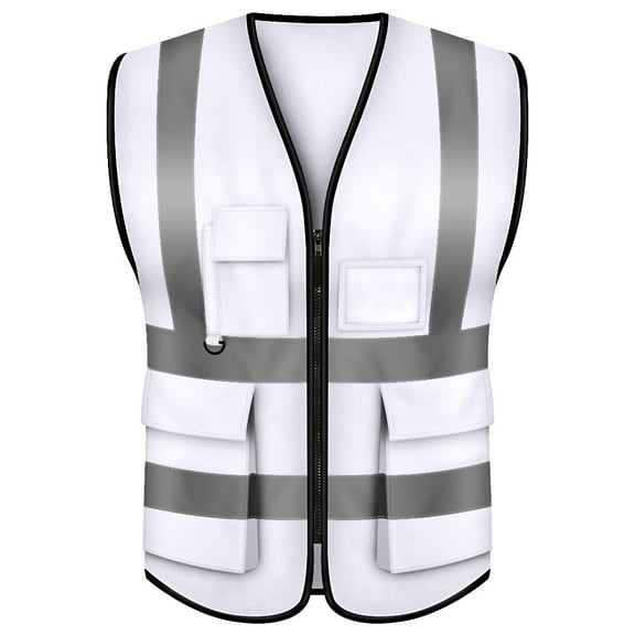 GOGO 5 Pockets High Visibility Zipper Front Breathable Safety Vest with Reflective Strips, Uniform Vest-White-L