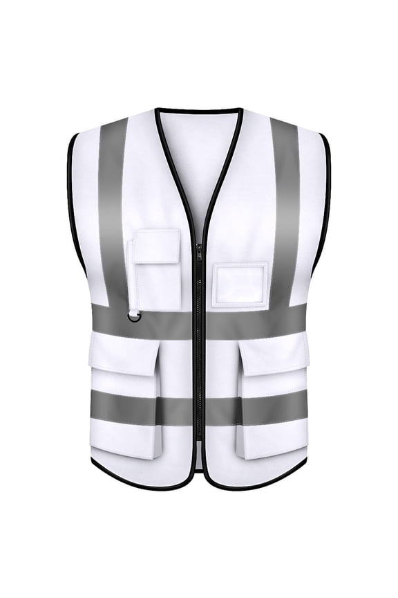 5 Pockets High Visibility Zipper Front Breathable Safety Vest with Reflective Strips, Uniform Vest-White-L