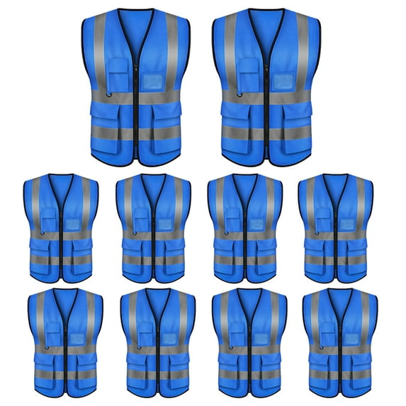 GOGO 5 Pockets High Visibility Zipper Front Safety Vest with Reflective Strips Uniform Vest, Pack of 10-Blue-L