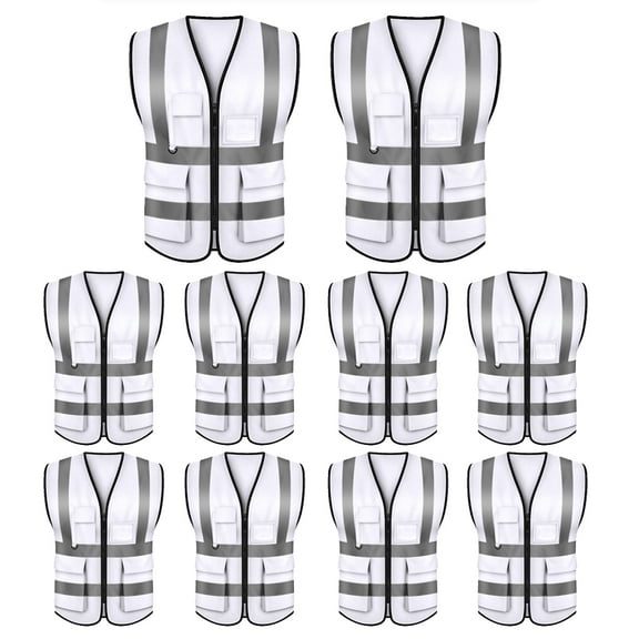 GOGO 5 Pockets High Visibility Zipper Front Safety Vest with Reflective Strips Uniform Vest, Pack of 10-White-L