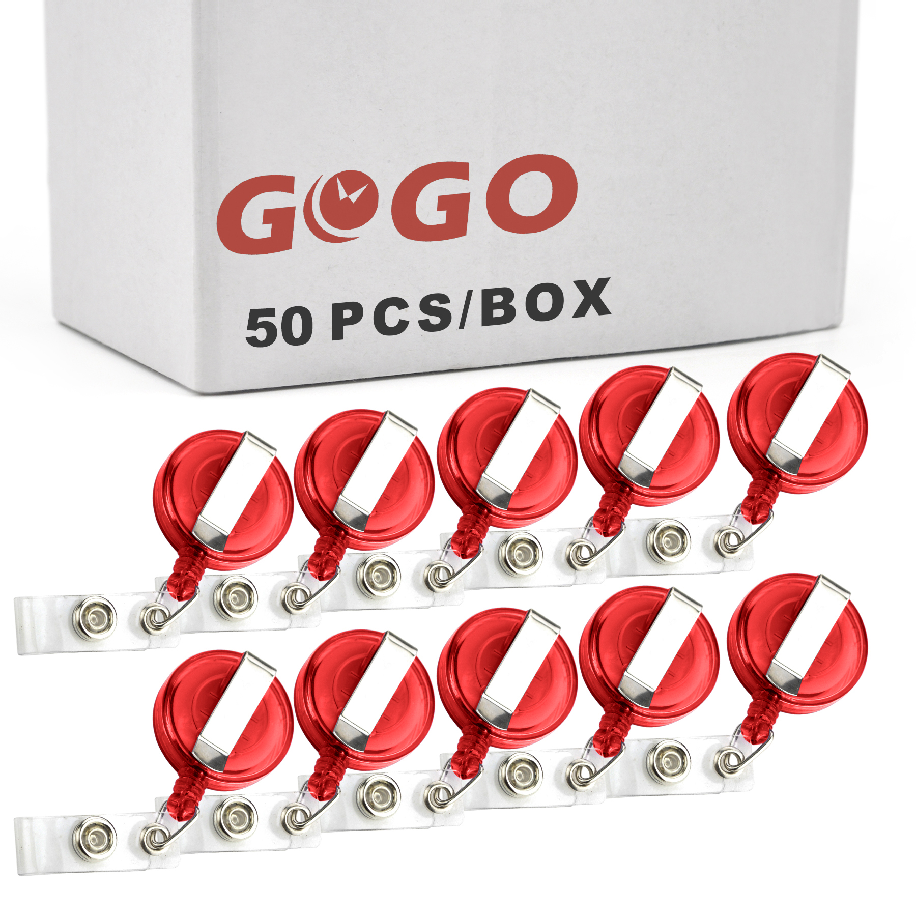 GOGO 50Pcs Transparent ID Card Holder Round Badge Reel-Red
