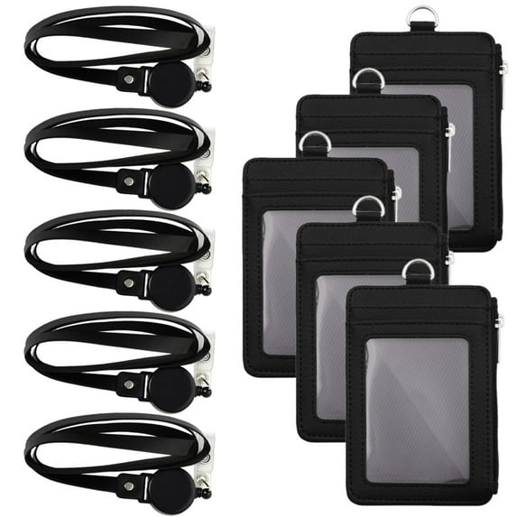 GOGO Badge Holder with Zip, Slim PU Leather ID Badge Card Wallet Case with 20" Neck Lanyard and Retractable Badge Reel-Black5PCS