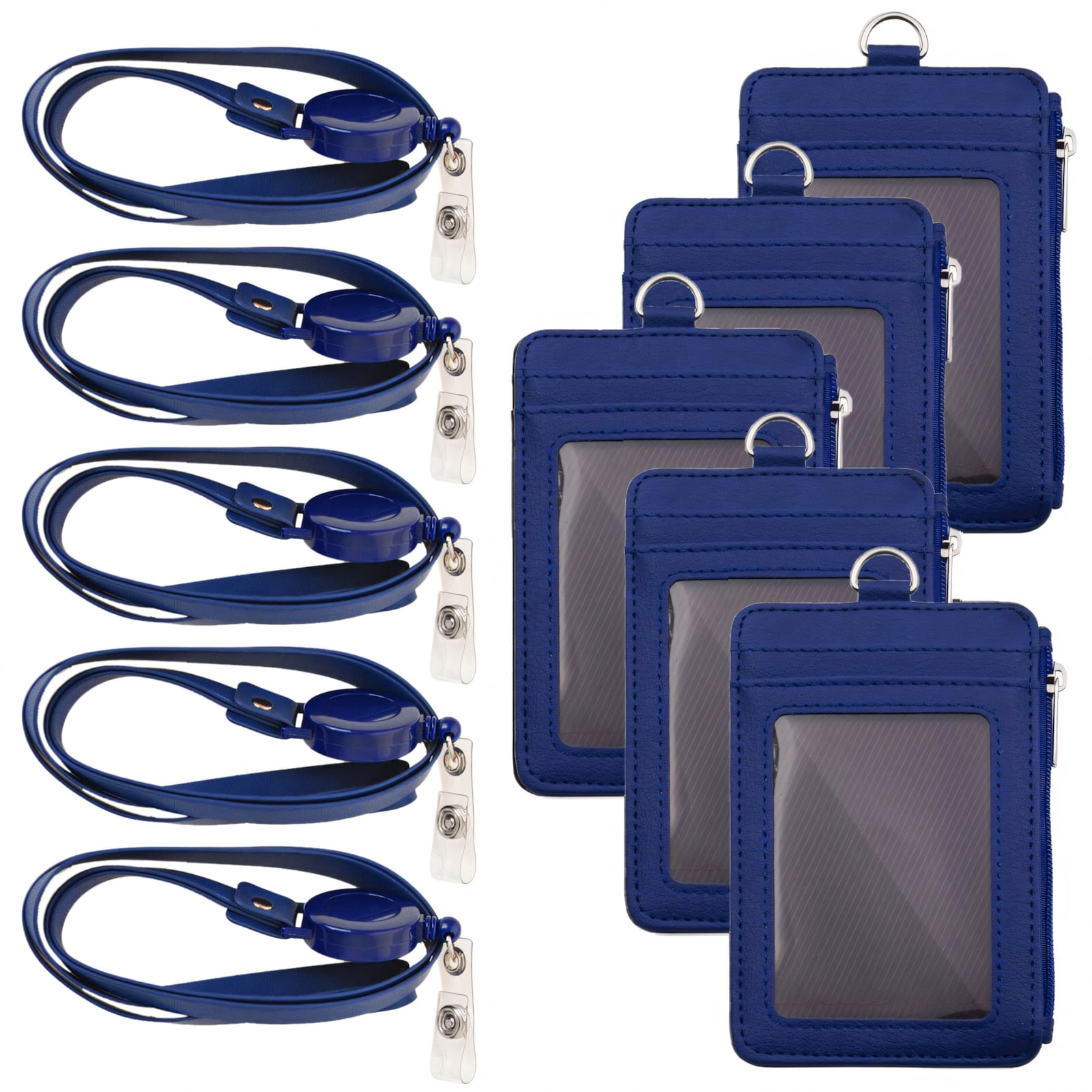 GOGO Badge Holder with Zip, Slim PU Leather ID Badge Card Wallet Case with 20" Neck Lanyard and Retractable Badge Reel-Blue5PCS