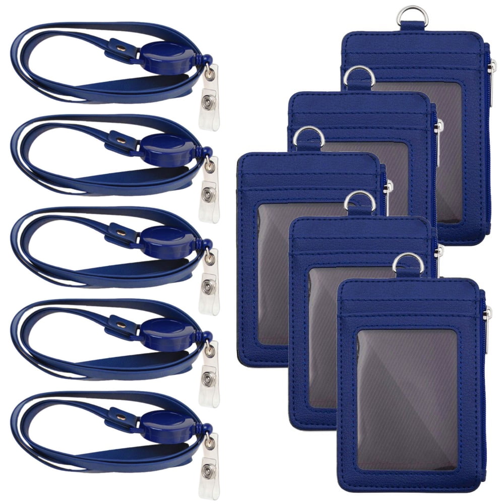 GOGO Badge Holder with Zip, Slim PU Leather ID Badge Card Wallet Case with  20 Neck Lanyard and Retractable Badge Reel-Blue5PCS 