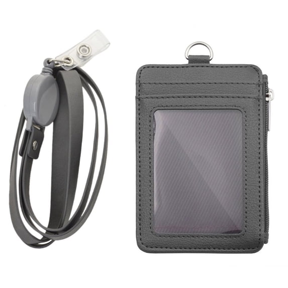 GOGO Badge Holder with Zip, Slim PU Leather ID Badge Card Wallet Case with 20" Neck Lanyard and Retractable Badge Reel-Gray