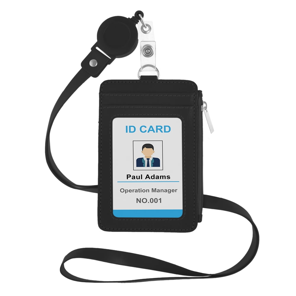 GOGO PU Leather Badge Holder Name Tag ID Card Holder Wallet Case with Retractable Reel Neck Lanyard-Black