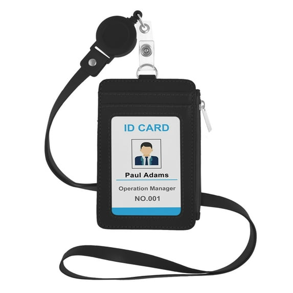 GOGO PU Leather Badge Holder Name Tag ID Card Holder Wallet Case with Retractable Reel Neck Lanyard-Black