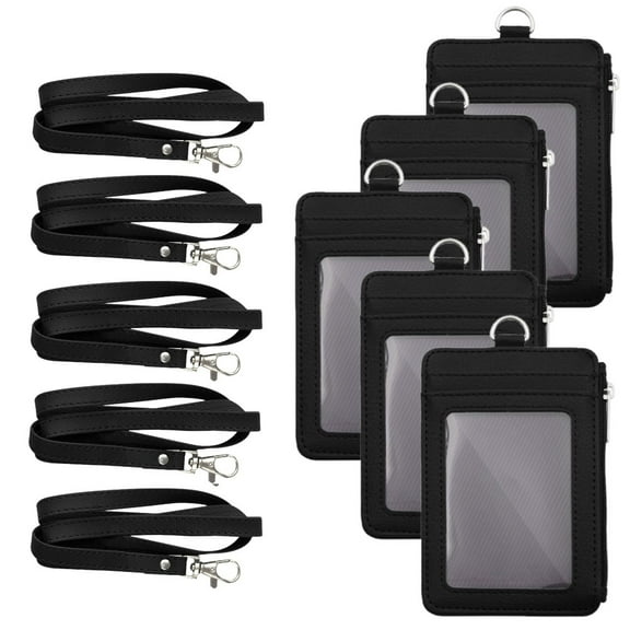 GOGO Professional ID Badge Holder with Zip, 2-Sided Vertical Style PU Leather ID Badge Holder with Zipper Pocket and Leather Neck Lanyard-Black5PCS
