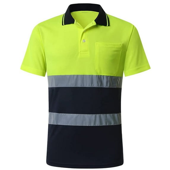 GOGO Safety Polo Shirt Reflective High Visibility Short Sleeve Pocket Tee-Yellow/Navy-M