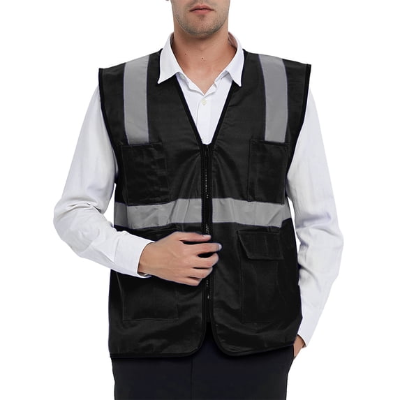 GOGO Safety Vest High Visibility Reflective Tape with Multi Pockets and Pen Dividers-Black-L