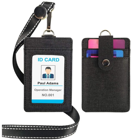 GOGO Snap Button Security PU Heavy Duty Badge Holder Clip With Lanyard, 3 Card Slots-Ribbon Black
