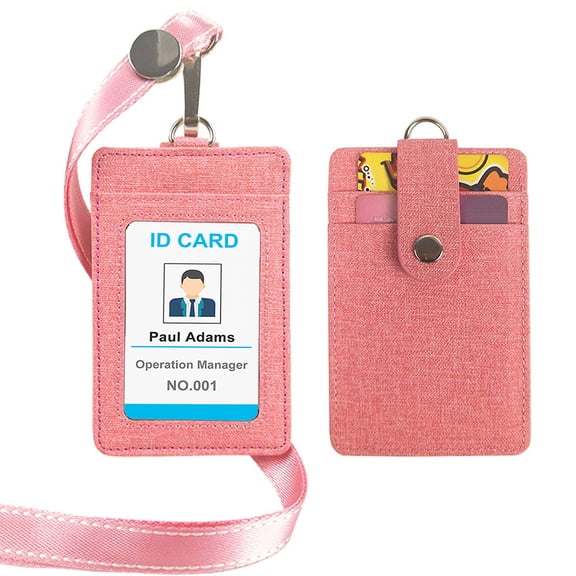 GOGO Snap Button Security PU Heavy Duty Badge Holder Clip With Lanyard, 3 Card Slots-Ribbon Pink