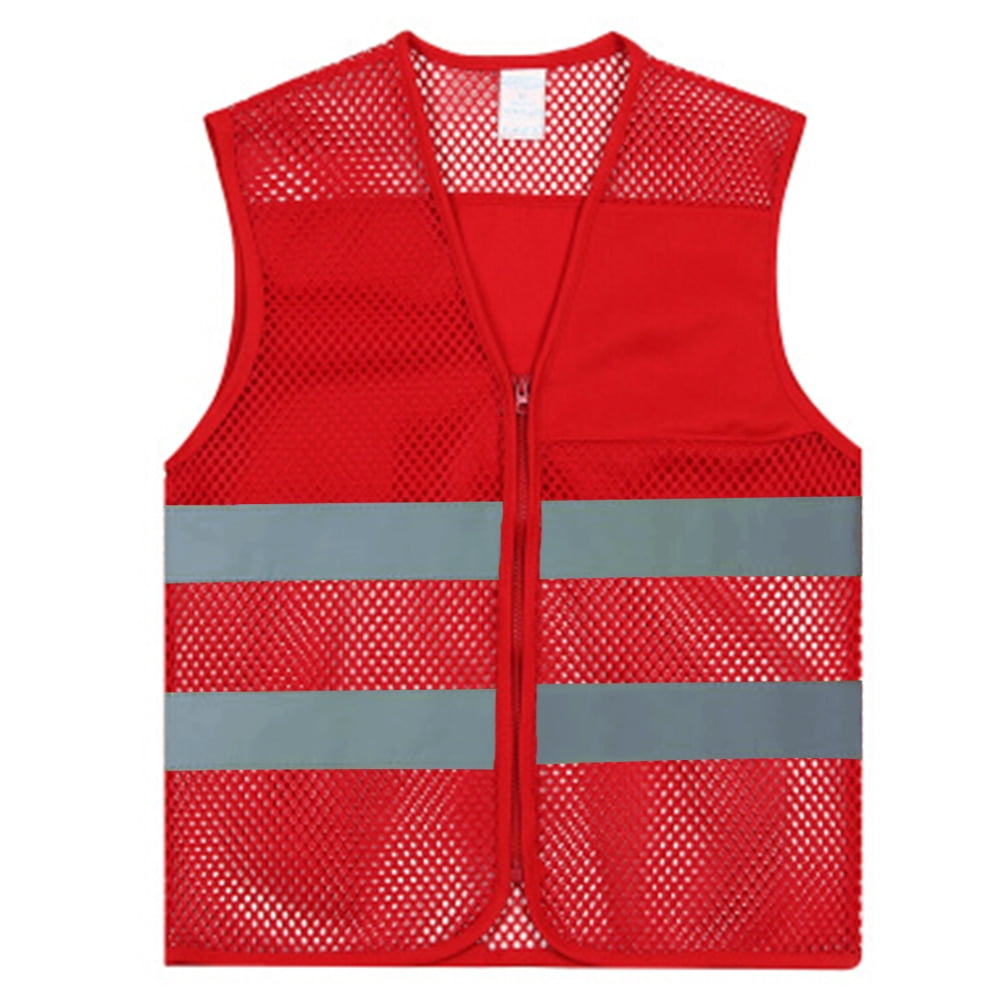 GOGO Unisex High Visibility Zipper Front Mesh Safety Vest with Reflective Strips-Red-L