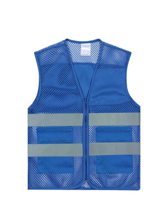 Unisex US Big Mesh Volunteer Vest Zipper Front Safety Vest with Reflective Strips and Pockets-Blue1-US 2XL