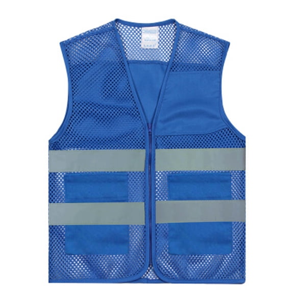 GOGO Unisex US Big Mesh Volunteer Vest Zipper Front Safety Vest with Reflective Strips and Pockets-Blue1-US XL