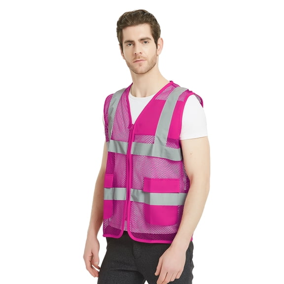 GOGO Unisex US Big Mesh Volunteer Vest Zipper Front Safety Vest with Reflective Strips and Pockets-Hot Pink-US 2XL