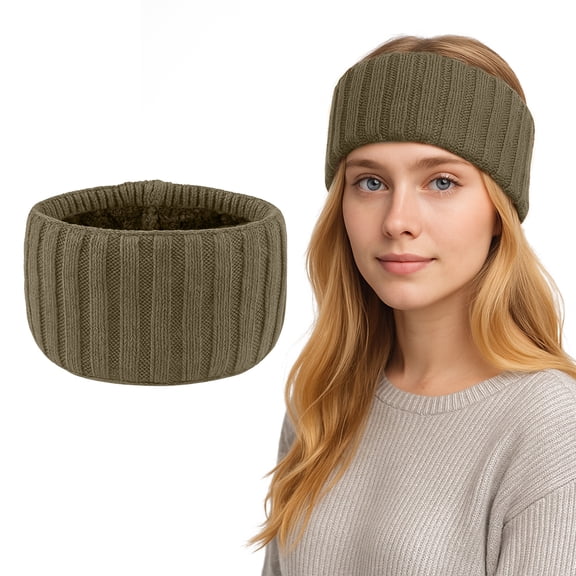 GOGO Winter Headband for Women, Khaki Knitted Ear Warmer Furry Fleece Lined for Cold Weather Ear Muff