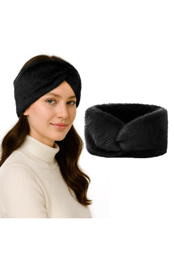 Women Faux Fur Headband Furry Ear Muffs Winter Head Warmer, Black Spa Facial Headband for Washing Face
