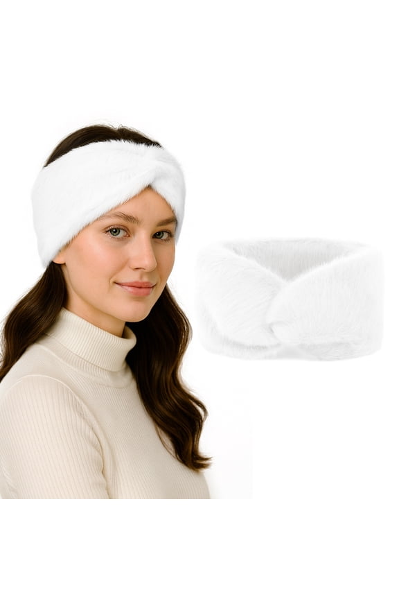 Women Faux Fur Headband Furry Ear Muffs Winter Head Warmer, White Spa Facial Headband for Washing Face