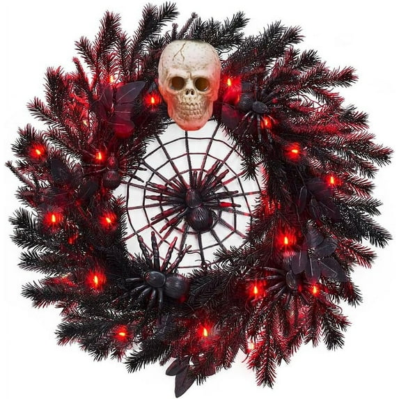 GOGRANT 22" Halloween Wreath with Lights, Black Twig Wreath with Scary Skull and Spider, Artificial Halloween Party Decorations for Front Door Indoor Outdoor Wall Window Porch