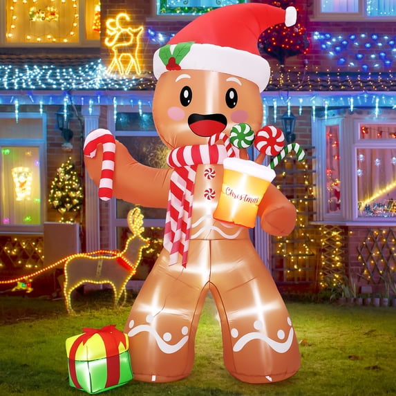 GOGRANT Christmas Inflatables Outdoor Decorations, 8FT Gingerbread Man Christmas Blow Up Yard Decorations with LED Lights for Indoor Garden Holiday Party Decor
