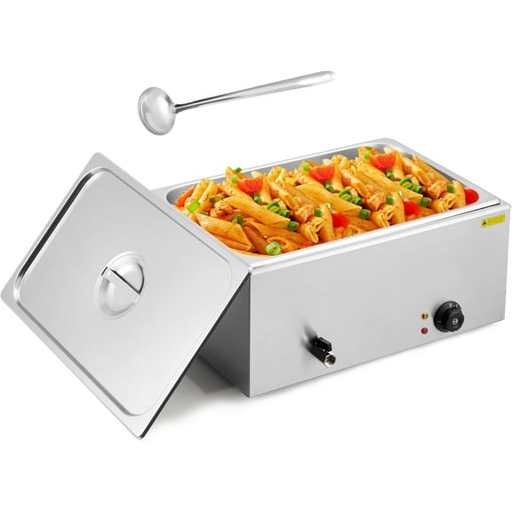 GOGRANT Commercial Bain Marie, Electric Stainless Steel Buffet Food Warmer Steam Table Countertop Soup Station with Temperature Control Tap & Lid for Parties Catering (1 Pan)