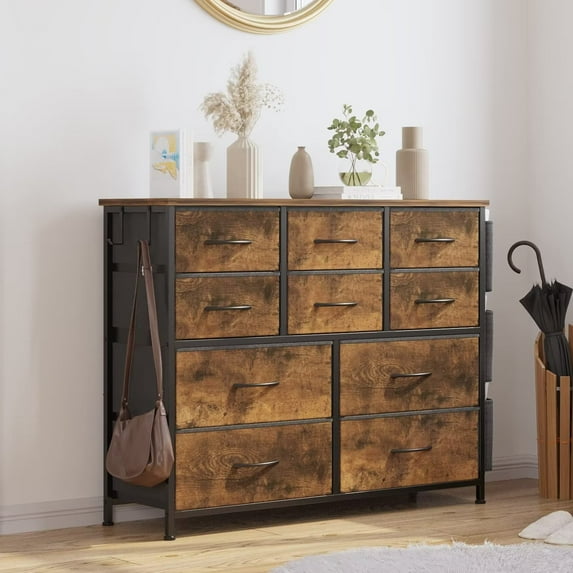 GOGRANT Dresser for Bedroom with 10 Drawers, Wide Fabric Dresser for Storage and Organization, Chest of Drawers with Wood Top, Rustic Brown