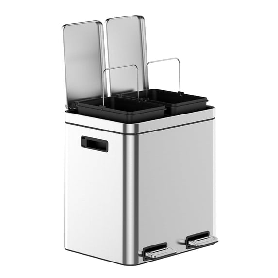 GOGRANT Kitchen Trash Can, 2 x 4 Gal Garbage Can, Stainless Steel Waste Bins for Recycling and Trash, 2 Compartments with Removable Inner Buckets, Step On Pedal, Quite-Close Lid, Silver