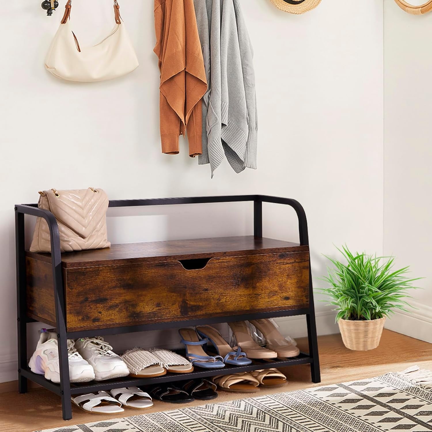 GOGRANT Storage Bench, Vintage Shoe Rack Bench with Storage Chest, Flip ...