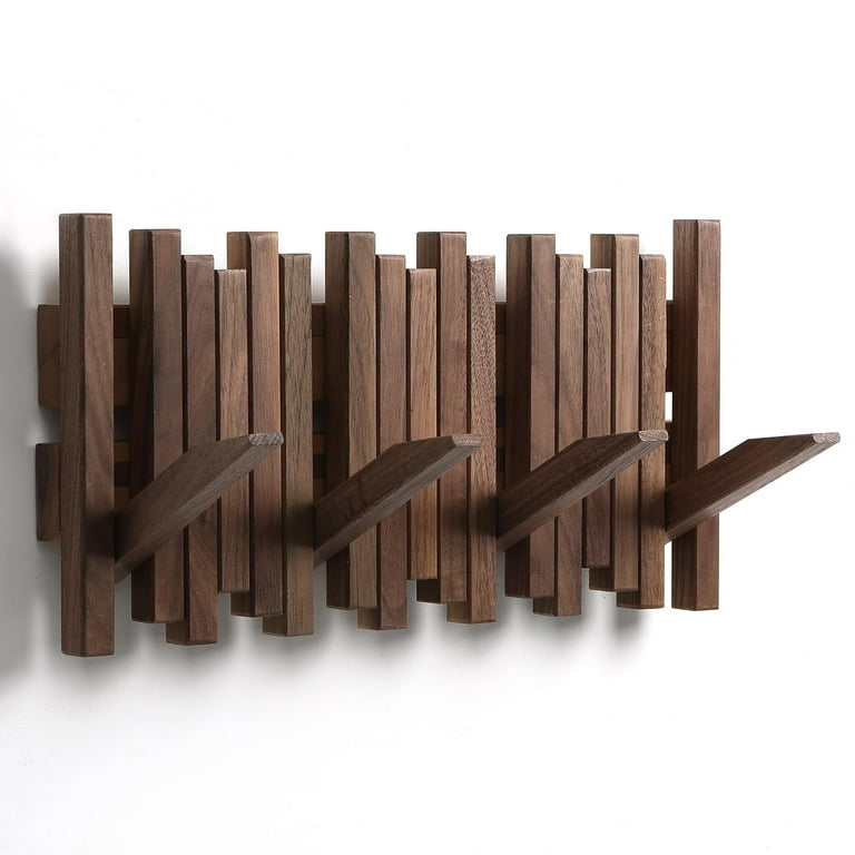 GOGREEBELL Hardwood Wall Mounted Piano Coat Rack Coat Rack Wall Mount Flip Down Wall Hook Rack 4 Hooks Entryway Wall Storage with Hooks Made of Black Walnut.Hook to hook 3.54 inch spacing C30
