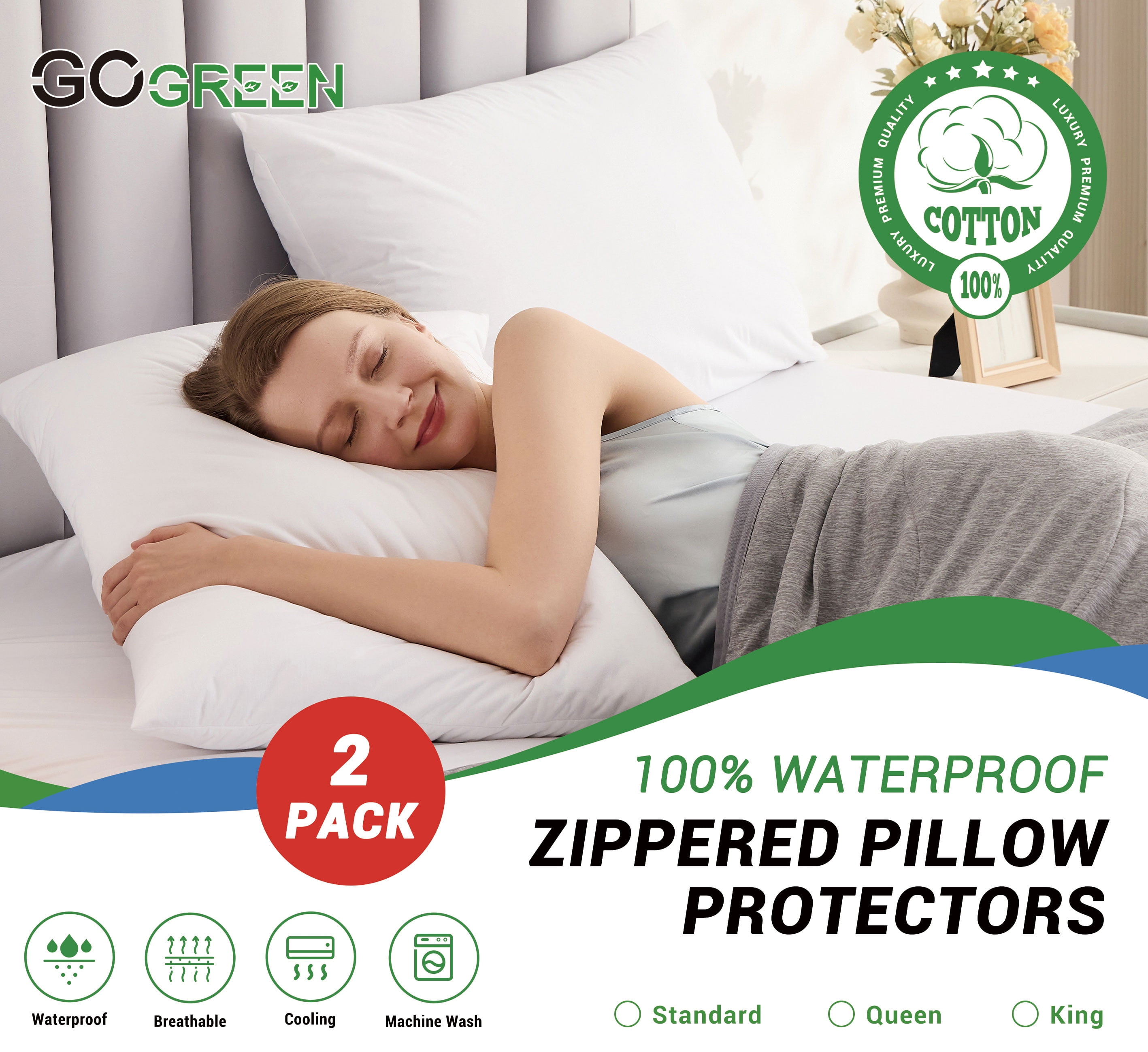 GOGREEN 100 Cotton Waterproof Pillow Protector, Breathable Pillow Cover, Cooling Pillow Case