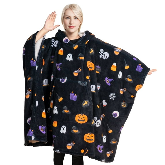 GOGREEN Original | Oversized Wearable Blanket Hoodie, Thick Sherpa Fleece Sweatshirt Hooded Blanket with Giant Hood Kangroo Pocket for Adults Women Men, One Size Fits All (Hallowen)