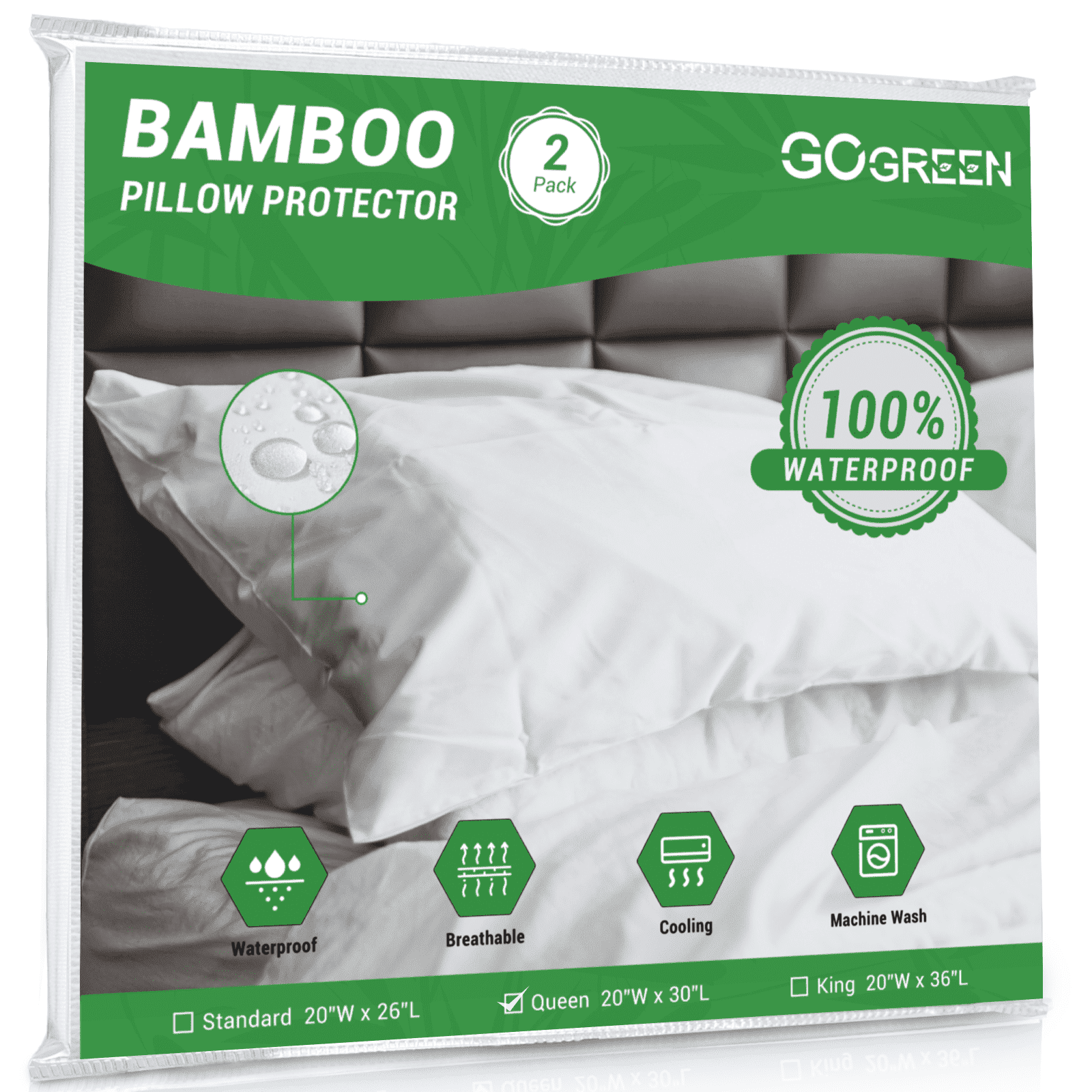 GOGREEN Waterproof Pillow Protectors with Zipper, Cooling Bamboo Queen