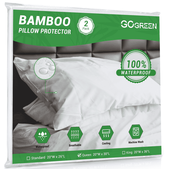 GOGREEN Waterproof Pillow Protectors with Zipper, Cooling Bamboo Queen Size Bed Pillow Case Covers, Bed Bug Pillow Cover, Zippered Plastic Pillowcase (2 Packs, Queen 20"x30" )