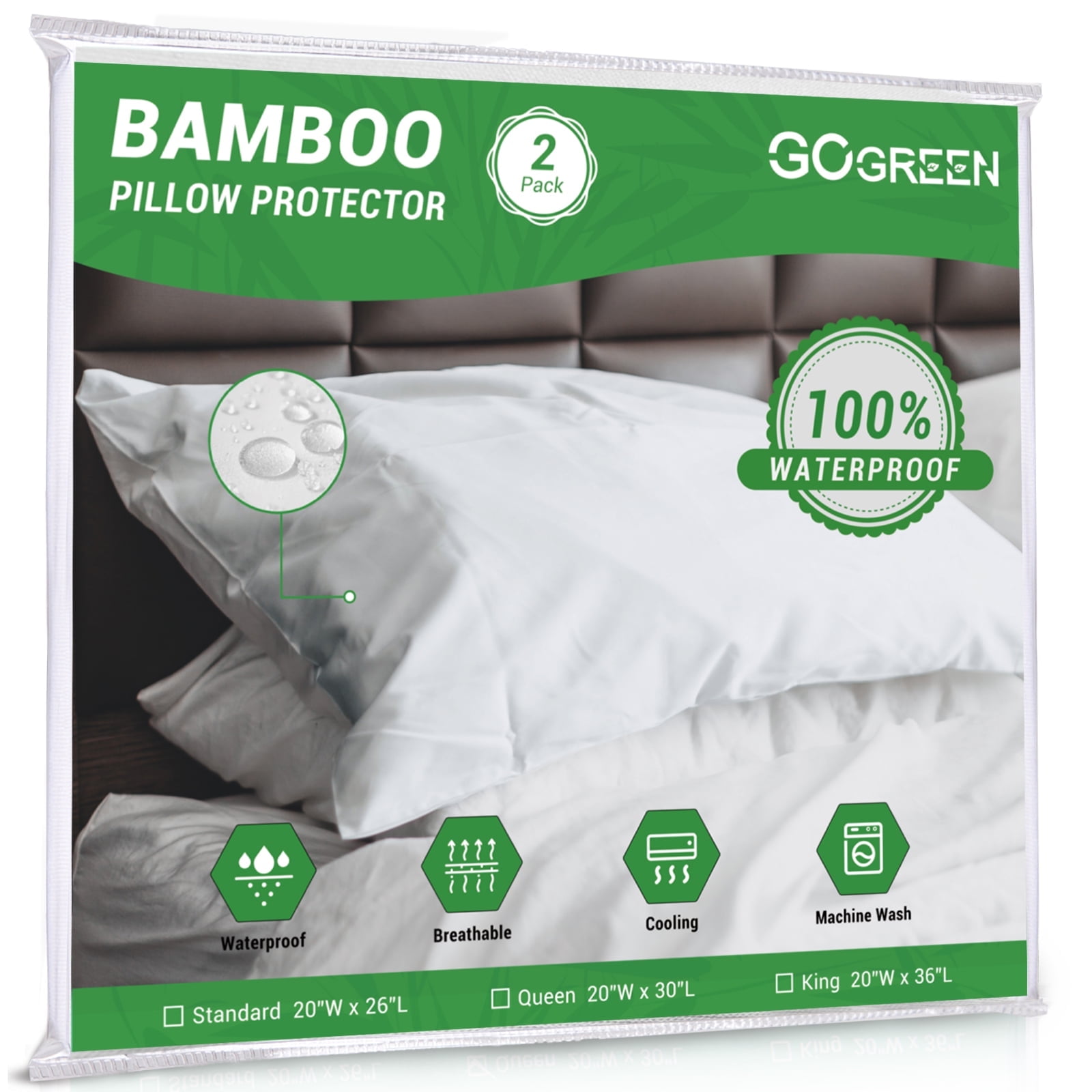 GOGREEN Waterproof Pillow Protectors with Zipper Queen Size 20"x30" Bamboo Jersey Pillowcases