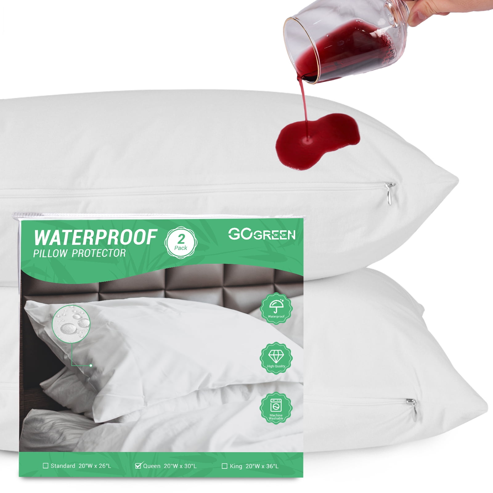 GOGREEN Waterproof Pillow Protectors with Zipper Standard Size 100 Bamboo 20" x 28" 2