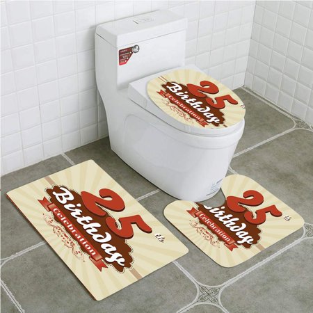 GOHAO 25th Birthday Aged Typography 25th Retro Style Fashionable 3 Piece Bathroom Rugs Set Bath Rug Contour Mat and Toilet Lid Cover