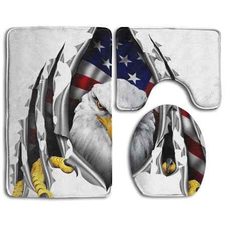 GOHAO 3D American Flag Eagle 3 Piece Bathroom Rugs Set Bath Rug Contour Mat and Toilet Lid Cover